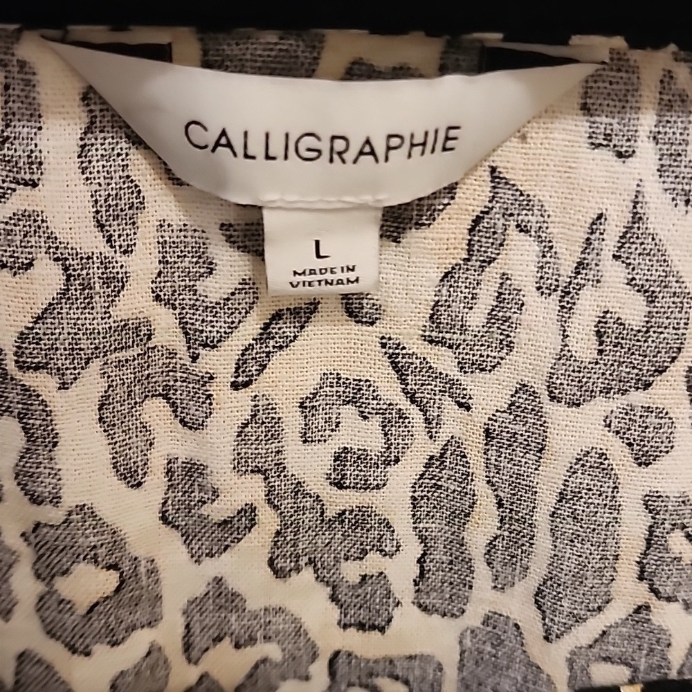 5 for $20 Calligraphie Leopard Print Linen Top L Tan Black Puff Sleeve Retro - Picture 3 of 6